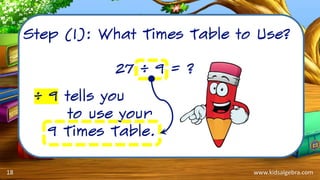 www.kidsalgebra.com
Step (1): What Times Table to Use?
27 ÷ 9 = ?
÷ 9 tells you
to use your
9 Times Table.
18
 