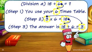 www.kidsalgebra.com
(Division a) 18 ÷ 6 = ?
(Step 1) You use your 6 Times Table.
(Step 2) 3 x 6 = 18
(Step 3) The answer is 18 ÷ 6 = 3
26
 
