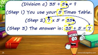 www.kidsalgebra.com
(Division c) 35 ÷ 5 = ?
(Step 1) You use your 5 Times Table.
(Step 2) 7 x 5 = 35
(Step 3) The answer is: 35 ÷ 5 = 7
28
 
