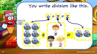 www.kidsalgebra.com
You write division like this.
6 ÷ 3 = 2.
÷ =
10
 