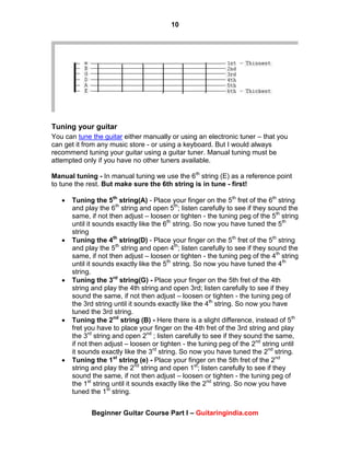 10
Beginner Guitar Course Part I – Guitaringindia.com
Tuning your guitar
You can tune the guitar either manually or using an electronic tuner – that you
can get it from any music store - or using a keyboard. But I would always
recommend tuning your guitar using a guitar tuner. Manual tuning must be
attempted only if you have no other tuners available.
Manual tuning - In manual tuning we use the 6th
string (E) as a reference point
to tune the rest. But make sure the 6th string is in tune - first!
 Tuning the 5th
string(A) - Place your finger on the 5th
fret of the 6th
string
and play the 6th
string and open 5th
; listen carefully to see if they sound the
same, if not then adjust – loosen or tighten - the tuning peg of the 5th
string
until it sounds exactly like the 6th
string. So now you have tuned the 5th
string
 Tuning the 4th
string(D) - Place your finger on the 5th
fret of the 5th
string
and play the 5th
string and open 4th
; listen carefully to see if they sound the
same, if not then adjust – loosen or tighten - the tuning peg of the 4th
string
until it sounds exactly like the 5th
string. So now you have tuned the 4th
string.
 Tuning the 3rd
string(G) - Place your finger on the 5th fret of the 4th
string and play the 4th string and open 3rd; listen carefully to see if they
sound the same, if not then adjust – loosen or tighten - the tuning peg of
the 3rd string until it sounds exactly like the 4th
string. So now you have
tuned the 3rd string.
 Tuning the 2nd
string (B) - Here there is a slight difference, instead of 5th
fret you have to place your finger on the 4th fret of the 3rd string and play
the 3rd
string and open 2nd
; listen carefully to see if they sound the same,
if not then adjust – loosen or tighten - the tuning peg of the 2nd
string until
it sounds exactly like the 3rd
string. So now you have tuned the 2nd
string.
 Tuning the 1st
string (e) - Place your finger on the 5th fret of the 2nd
string and play the 2nd
string and open 1st
; listen carefully to see if they
sound the same, if not then adjust – loosen or tighten - the tuning peg of
the 1st
string until it sounds exactly like the 2nd
string. So now you have
tuned the 1st
string.
 