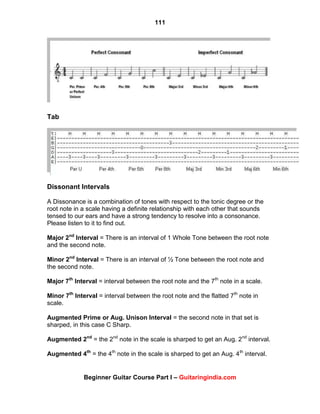 111
Beginner Guitar Course Part I – Guitaringindia.com
Tab
Dissonant Intervals
A Dissonance is a combination of tones with respect to the tonic degree or the
root note in a scale having a definite relationship with each other that sounds
tensed to our ears and have a strong tendency to resolve into a consonance.
Please listen to it to find out.
Major 2nd
Interval = There is an interval of 1 Whole Tone between the root note
and the second note.
Minor 2nd
Interval = There is an interval of ½ Tone between the root note and
the second note.
Major 7th
Interval = interval between the root note and the 7th
note in a scale.
Minor 7th
Interval = interval between the root note and the flatted 7th
note in
scale.
Augmented Prime or Aug. Unison Interval = the second note in that set is
sharped, in this case C Sharp.
Augmented 2nd
= the 2nd
note in the scale is sharped to get an Aug. 2nd
interval.
Augmented 4th
= the 4th
note in the scale is sharped to get an Aug. 4th
interval.
 