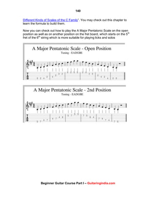 140
Beginner Guitar Course Part I – Guitaringindia.com
Different Kinds of Scales of the C Family”. You may check out this chapter to
learn the formula to build them.
Now you can check out how to play the A Major Pentatonic Scale on the open
position as well as on another position on the fret board, which starts on the 5th
fret of the 6th
string which is more suitable for playing licks and solos
 