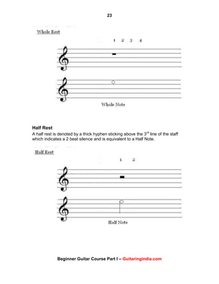 23
Beginner Guitar Course Part I – Guitaringindia.com
Half Rest
A half rest is denoted by a thick hyphen sticking above the 3rd
line of the staff
which indicates a 2 beat silence and is equivalent to a Half Note.
 