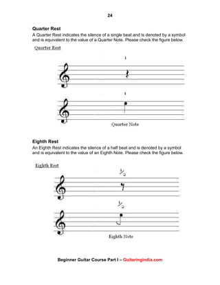 24
Beginner Guitar Course Part I – Guitaringindia.com
Quarter Rest
A Quarter Rest indicates the silence of a single beat and is denoted by a symbol
and is equivalent to the value of a Quarter Note. Please check the figure below.
Eighth Rest
An Eighth Rest indicates the silence of a half beat and is denoted by a symbol
and is equivalent to the value of an Eighth Note. Please check the figure below.
 