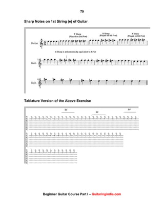 79
Beginner Guitar Course Part I – Guitaringindia.com
Sharp Notes on 1st String (e) of Guitar
Tablature Version of the Above Exercise
 