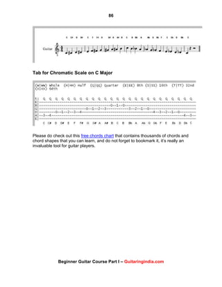 86
Beginner Guitar Course Part I – Guitaringindia.com
Tab for Chromatic Scale on C Major
Please do check out this free chords chart that contains thousands of chords and
chord shapes that you can learn, and do not forget to bookmark it, it‟s really an
invaluable tool for guitar players.
 