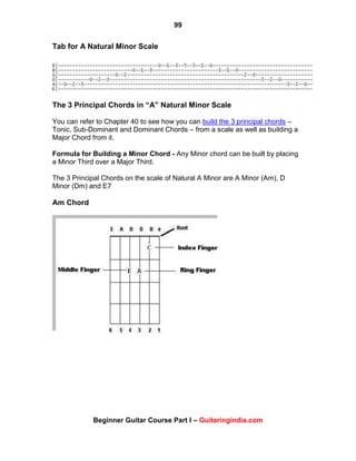 99
Beginner Guitar Course Part I – Guitaringindia.com
Tab for A Natural Minor Scale
The 3 Principal Chords in “A” Natural Minor Scale
You can refer to Chapter 40 to see how you can build the 3 principal chords –
Tonic, Sub-Dominant and Dominant Chords – from a scale as well as building a
Major Chord from it.
Formula for Building a Minor Chord - Any Minor chord can be built by placing
a Minor Third over a Major Third.
The 3 Principal Chords on the scale of Natural A Minor are A Minor (Am), D
Minor (Dm) and E7
Am Chord
 