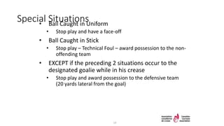 Special Situations• Ball Caught in Uniform
• Stop play and have a face-off
• Ball Caught in Stick
• Stop play – Technical Foul – award possession to the non-
offending team
• EXCEPT if the preceding 2 situations occur to the
designated goalie while in his crease
• Stop play and award possession to the defensive team
(20 yards lateral from the goal)
19
 