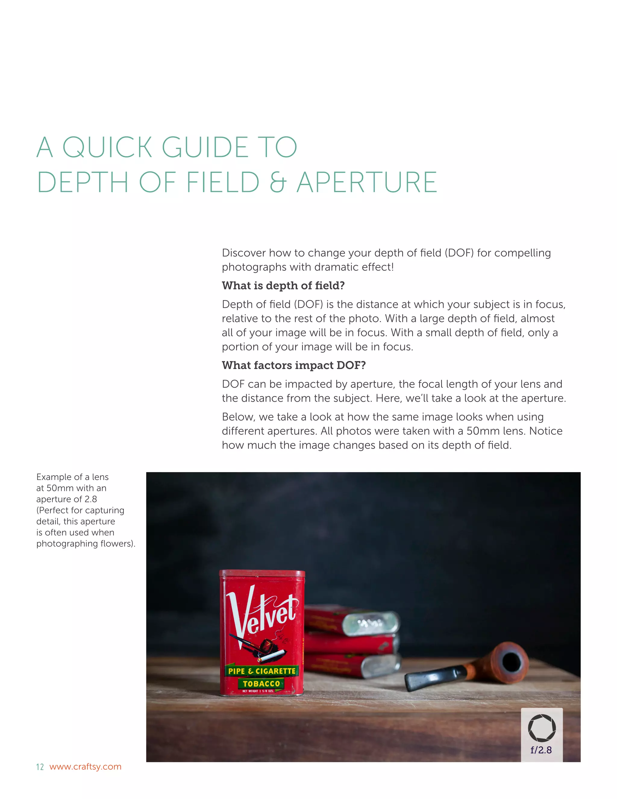 12 www.craftsy.com
A QUICK GUIDE TO
DEPTH OF FIELD & APERTURE
Discover how to change your depth of field (DOF) for compelling
photographs with dramatic effect!
What is depth of field?
Depth of field (DOF) is the distance at which your subject is in focus,
relative to the rest of the photo. With a large depth of field, almost
all of your image will be in focus. With a small depth of field, only a
portion of your image will be in focus.
What factors impact DOF?
DOF can be impacted by aperture, the focal length of your lens and
the distance from the subject. Here, we’ll take a look at the aperture.
Below, we take a look at how the same image looks when using
different apertures. All photos were taken with a 50mm lens. Notice
how much the image changes based on its depth of field.
Example of a lens
at 50mm with an
aperture of 2.8
(Perfect for capturing
detail, this aperture
is often used when
photographing flowers).
 
