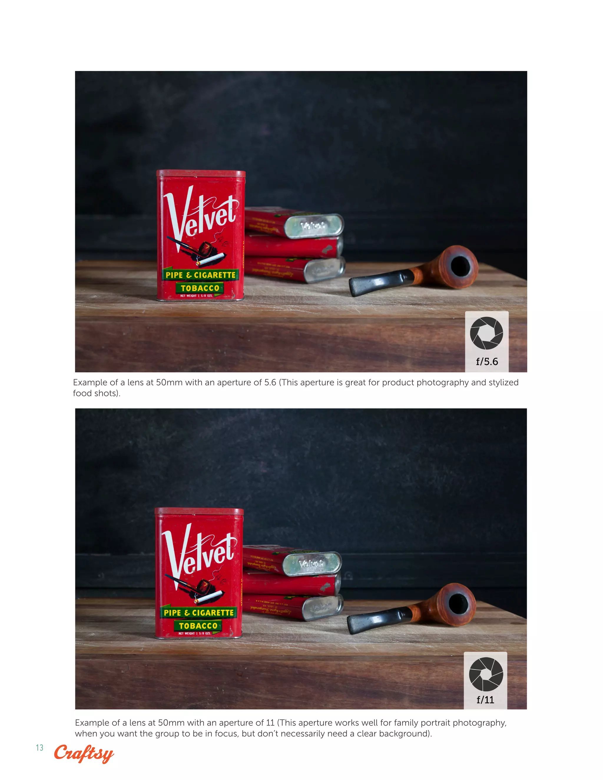 13
Example of a lens at 50mm with an aperture of 5.6 (This aperture is great for product photography and stylized
food shots).
Example of a lens at 50mm with an aperture of 11 (This aperture works well for family portrait photography,
when you want the group to be in focus, but don’t necessarily need a clear background).
 
