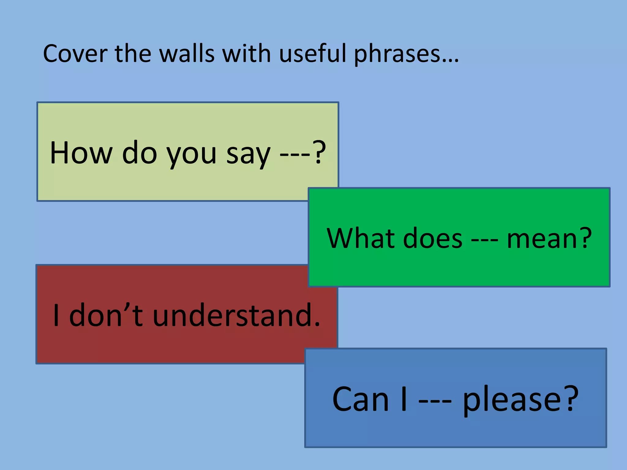 Cover the walls with useful phrases…

How do you say ---?
What does --- mean?

I don’t understand.

Can I --- please?

 