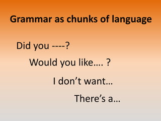 Grammar as chunks of language
Did you ----?
Would you like…. ?
I don’t want…

There’s a…

 