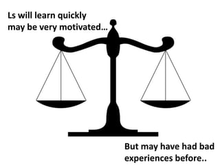 Ls will learn quickly
may be very motivated…

But may have had bad
experiences before..

 