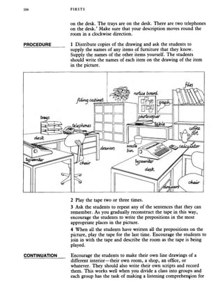 104 FIRSTS
on the desk. The trays are on the desk. There are two telephones
on the desk.’ Make sure that your description moves round the
room in a clockwise direction.
PROCEDURE______ 1 Distribute copies of the drawing and ask the students to
supply the names of any items of furniture that they know.
Supply the names of the other items yourself. The students
should write the names of each item on the drawing of the item
in the picture.
jUmcj cabinet
telephones
drawm
typewriter
2 Play the tape two or three times.
3 Ask the students to repeat any of the sentences that they can
remember. As you gradually reconstruct the tape in this way,
encourage the students to write the prepositions in the most
appropriate places in the picture.
4 When all the students have written all the prepositions on the
picture, play the tape for the last time. Encourage the students to
join in with the tape and describe the room as the tape is being
played.
CONTINUATION Encourage the students to make their own line drawings of a
different interior—their own room, a shop, an office, or
whatever. They should also write their own scripts and record
them. This works well when you divide a class into groups and
each group has the task of making a listening comprehension for
 