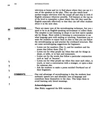 INTERACTIONS
television at home and try to find places where they can say it t
one of the speakers in the play. They can also watch local
mother-tongue television with the sound off and chip in with th
English utterance wherever possible. Tell learners at the top en
of the level to remember a place where they felt they used the
English especially effectively so that they can tell other students
about it in the next class.
There are many uses of the eavesdropping technique, but you c
need to be in an English-speaking environment to collect them.
The simplest is just listening in shops to see how native speakei
ask for things. More subtle is listening to conversations to see
what language goes with smiling or touching. Sometimes you w
want the students to report back in class so that you can follow
the eavesdropping up and practise the overheard structure. Her
are some eavesdropping suggestions for beginners:
- Listen out for numbers (Day 1), and for numbers and the
nouns that follow them (Day 2).
- Listen out for what people say when they ask for things in
shops, at table, or in bars and restaurants.
- Listen out for the words that follow a particular conjunction
such as ‘and’ or ‘because’.
- Listen out for what people say when they meet each other, oi
touch, or start a conversation with a stranger, or open a door
for someone else.
- Ask the students to make a poem entitled Overheard out of
their fragments.
One real advantage of eavesdropping is that the students hear
authentic speech acts and idiomatic uses of language and
contribute these themselves to the class. This helps them to
avoid learning only literal meanings.
Acknowledgement
Alan Maley suggested the fifth variation.
 
