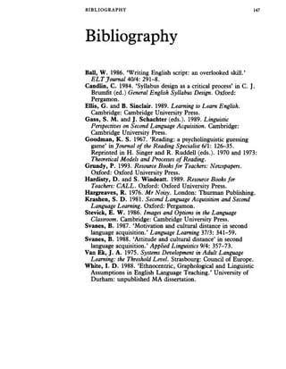 BIBLIOGRAPHY 147
Bibliography
Ball, W. 1986. ‘Writing English script: an overlooked skill.’
E L T Journal 40/4: 291-8.
Candlin, C. 1984. ‘Syllabus design as a critical process’ in C. J.
Bnunfit (ed.) General English Syllabus Design. Oxford:
Pergamon.
Ellis, G. and B. Sinclair. 1989. Learning to Learn English.
Cambridge: Cambridge University Press.
Gass, S. M. and J. Schachter (eds.). 1989. Linguistic
Perspectives on Second Language Acquisition. Cambridge:
Cambridge University Press.
Goodman, K. S. 1967. ‘Reading: a psycholinguistic guessing
game’ in Journal of the Reading Specialist 6/1: 126-35.
Reprinted in H. Singer and R. Ruddell (eds.). 1970 and 1973:
Theoretical Models and Processes of Reading.
Grundy, P. 1993. Resource Books for Teachers: Newspapers.
Oxford: Oxford University Press.
Hardisty, D. and S. Windeatt. 1989. Resource Books for
Teachers: CALL. Oxford: Oxford University Press.
Hargreaves, R. 1976. Mr Noisy. London: Thurman Publishing.
Krashen, S. D. 1981. Second Language Acquisition and Second
Language Learning. Oxford: Pergamon.
Stevick, E. W. 1986. Images and Options in the Language
Classroom. Cambridge: Cambridge University Press.
Svanes, B. 1987. ‘Motivation and cultural distance in second
language acquisition.’ Language Learning 37/3: 341-59.
Svanes, B. 1988. ‘Attitude and cultural distance’ in second
language acquisition.’ Applied Linguistics 9/4: 357-73.
Van Ek, J. A. 1975. Systems Development in Adult Language
Learning: the Threshold Level. Strasbourg: Council of Europe.
White, I. D. 1988. ‘Ethnocentric, Graphological and Linguistic
Assumptions in English Language Teaching.’ University of
Durham: unpublished MA dissertation.
 
