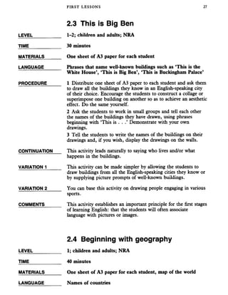 FIRST LESSONS 27
2.3 This is Big Ben
LEVEL ______ 1-2; children and adults; NRA
TIME 30 minutes
MATERIALS One sheet of A3 paper for each student
LANGUAGE
PROCEDURE
CONTINUATION
VARIATION 1
VARIATION 2
COMMENTS
Phrases that name well-known buildings such as ‘This is the
White House’, ‘This is Big Ben’, ‘This is Buckingham Palace’
1 Distribute one sheet of A3 paper to each student and ask them
to draw all the buildings they know in an English-speaking city
of their choice. Encourage the students to construct a collage or
superimpose one building on another so as to achieve an aesthetic
effect. Do the same yourself.
2 Ask the students to work in small groups and tell each other
the names of the buildings they have drawn, using phrases
beginning with ‘This is . . .’ Demonstrate with your own
drawings.
3 Tell the students to write the names of the buildings on their
drawings and, if you wish, display the drawings on the walls.
This activity leads naturally to saying who lives and/or what
happens in the buildings.
This activity can be made simpler by allowing the students to
draw buildings from all the English-speaking cities they know or
by supplying picture prompts of well-known buildings.
You can base this activity on drawing people engaging in various
sports.
This activity establishes an important principle for the first stages
of learning English: that the students will often associate
language with pictures or images.
2.4 Beginning with geography
LEVEL___________ 1; children and adults; NRA
TIME____________ 40 minutes
MATERIALS______ One sheet of A3 paper for each student, map of the world
LANGUAGE Names of countries
 