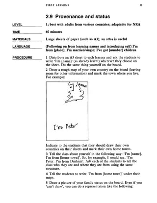 FIRST LESSONS 33
2.9 Provenance and status
LEVEL___________ 1; best with adults from various countries; adaptable for NRA
TIME_____________ 60 minutes
MATERIALS_______ Large sheets of paper (such as A3); an atlas is useful
LANGUAGE_______ (Following on from learning names and introducing self) I’m
from [place]; I’m married/single; I’ve got [number] children
PROCEDURE______ 1 Distribute an A3 sheet to each learner and ask the students to
write ‘I’m [name]’ (as already learnt) wherever they choose on
the sheet. Do the same thing yourself on the board.
2 Draw a rough map of your own country on the board (leaving
room for other information) and mark the town where you live.
For example:
Indicate to the students that they should draw their own
countries on their sheets and mark their own home towns.
3 Tell the class about yourself in the following way: ‘I’m [name].
I’m from [home town]’. So, for example, I would say, ‘I’m
Peter. I’m from Durham’. Ask each of the students to tell the
class who they are and where they are from using the same
structure.
4 Tell the students to write ‘I’m from [home town]’ under their
maps.
5 Draw a picture of your family status on the board. Even if you
‘can’t draw’, you can do a representation like the following:
 