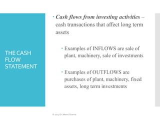 THECASH
FLOW
STATEMENT
 Cash flows from investing activities –
cash transactions that affect long term
assets
 Examples ...