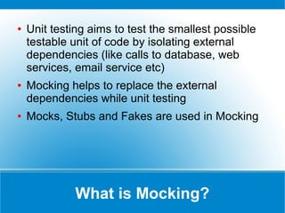 Additional Test Attributes
● [ClassInitialize], [ClassCleanup], [TestInitialize], [TestCleanup]
 