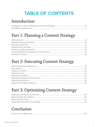 3
Introduction
The Beginner’s Guide To Blogging and Content Strategy���������������������������������������������������������������������������6
Why Most Companies Fail������������������������������������������������������������������������������������������������������������������������������������ 7
Part 1: Planning a Content Strategy
Defining Goals����������������������������������������������������������������������������������������������������������������������������������������������������������9
Identifying Audience  Habits��������������������������������������������������������������������������������������������������������������������������� 10
Identifying Influencers��������������������������������������������������������������������������������������������������������������������������������������������11
Defining Voice and Angle����������������������������������������������������������������������������������������������������������������������������������� 12
Creating an Editorial calendar����������������������������������������������������������������������������������������������������������������������������14
Choosing Platforms for Publication and Promotion������������������������������������������������������������������������������������� 15
Setting up Tracking����������������������������������������������������������������������������������������������������������������������������������������������� 16
Part 2: Executing Content Strategy
Dedicating Adequate Resources�����������������������������������������������������������������������������������������������������������������������18
Story Ideation��������������������������������������������������������������������������������������������������������������������������������������������������������� 19
Headlines are 90%����������������������������������������������������������������������������������������������������������������������������������������������� 20
Writing Formulas���������������������������������������������������������������������������������������������������������������������������������������������������� 21
Setting Yourself Apart����������������������������������������������������������������������������������������������������������������������������������������� 22
Publishing, Distribution,  Promotion��������������������������������������������������������������������������������������������������������������23
Influencing Influencers���������������������������������������������������������������������������������������������������������������������������������������� 25
Keeping Your Audience Around������������������������������������������������������������������������������������������������������������������������27
Part 3: Optimizing Content Strategy
Publishing, Distribution,  Promotion������������������������������������������������������������������������������������������������������������� 29
Measuring ROI: Basic Metrics��������������������������������������������������������������������������������������������������������������������������� 30
Measuring ROI: Proxies����������������������������������������������������������������������������������������������������������������������������������������31
Using Data to Optimize Your Strategy�������������������������������������������������������������������������������������������������������������32
Conclusion
This Is Just The Beginning����������������������������������������������������������������������������������������������������������������������������������34
TABLE OF CONTENTS
TABLE OF CONTENTS
 