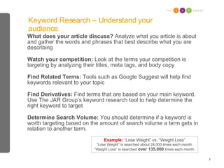 Keyword Research – Understand your audience <ul><li>What does your article discuss?  Analyze what you article is about and...