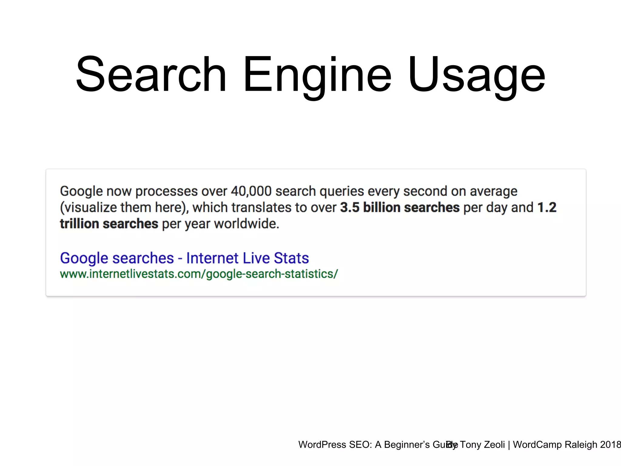 WordPress SEO: A Beginner’s GuideBy Tony Zeoli | WordCamp Raleigh 2018
Search Engine Usage
 