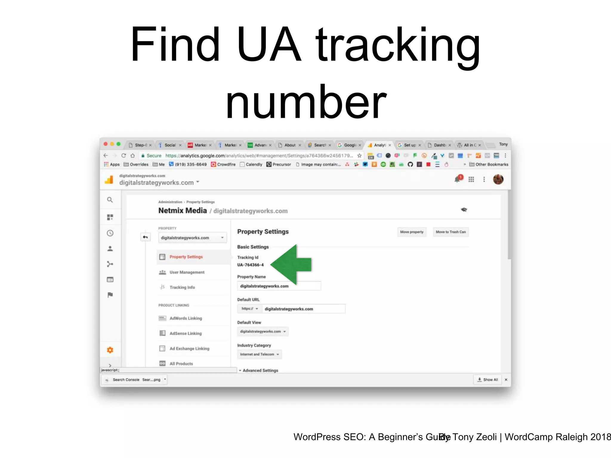 WordPress SEO: A Beginner’s GuideBy Tony Zeoli | WordCamp Raleigh 2018
Find UA tracking
number
 