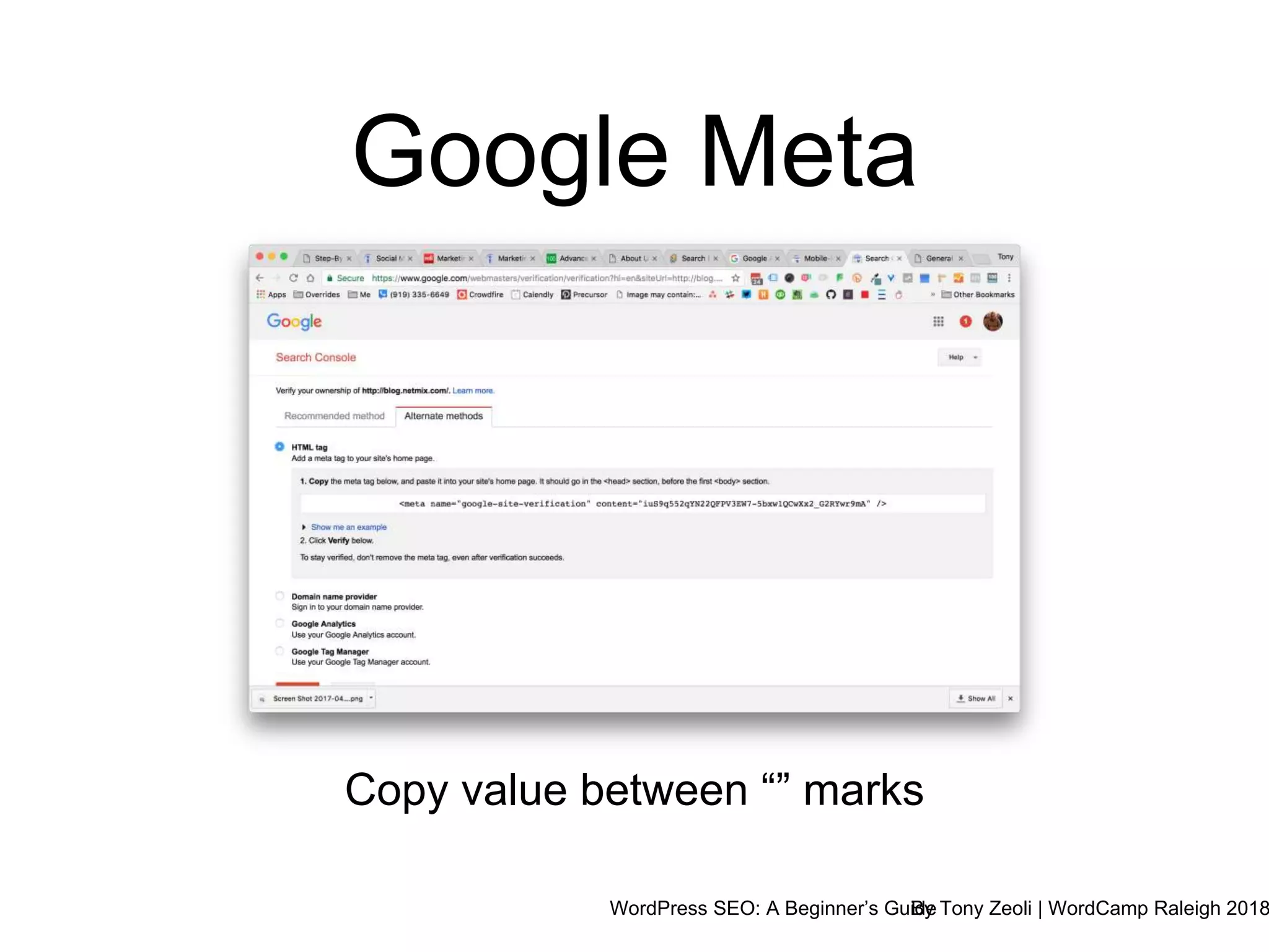 WordPress SEO: A Beginner’s GuideBy Tony Zeoli | WordCamp Raleigh 2018
Google Meta
Copy value between “” marks
 