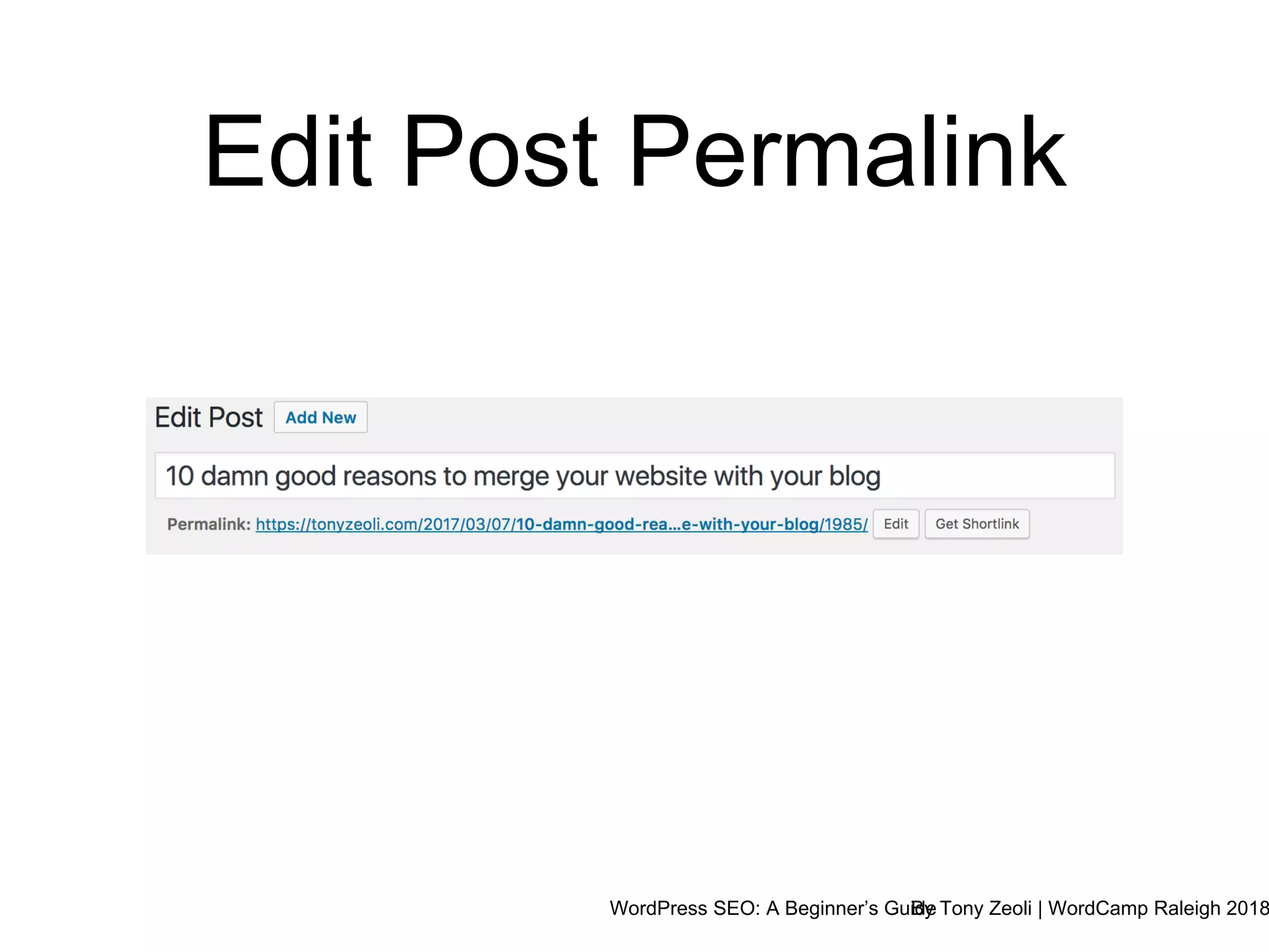 WordPress SEO: A Beginner’s GuideBy Tony Zeoli | WordCamp Raleigh 2018
Edit Post Permalink
 