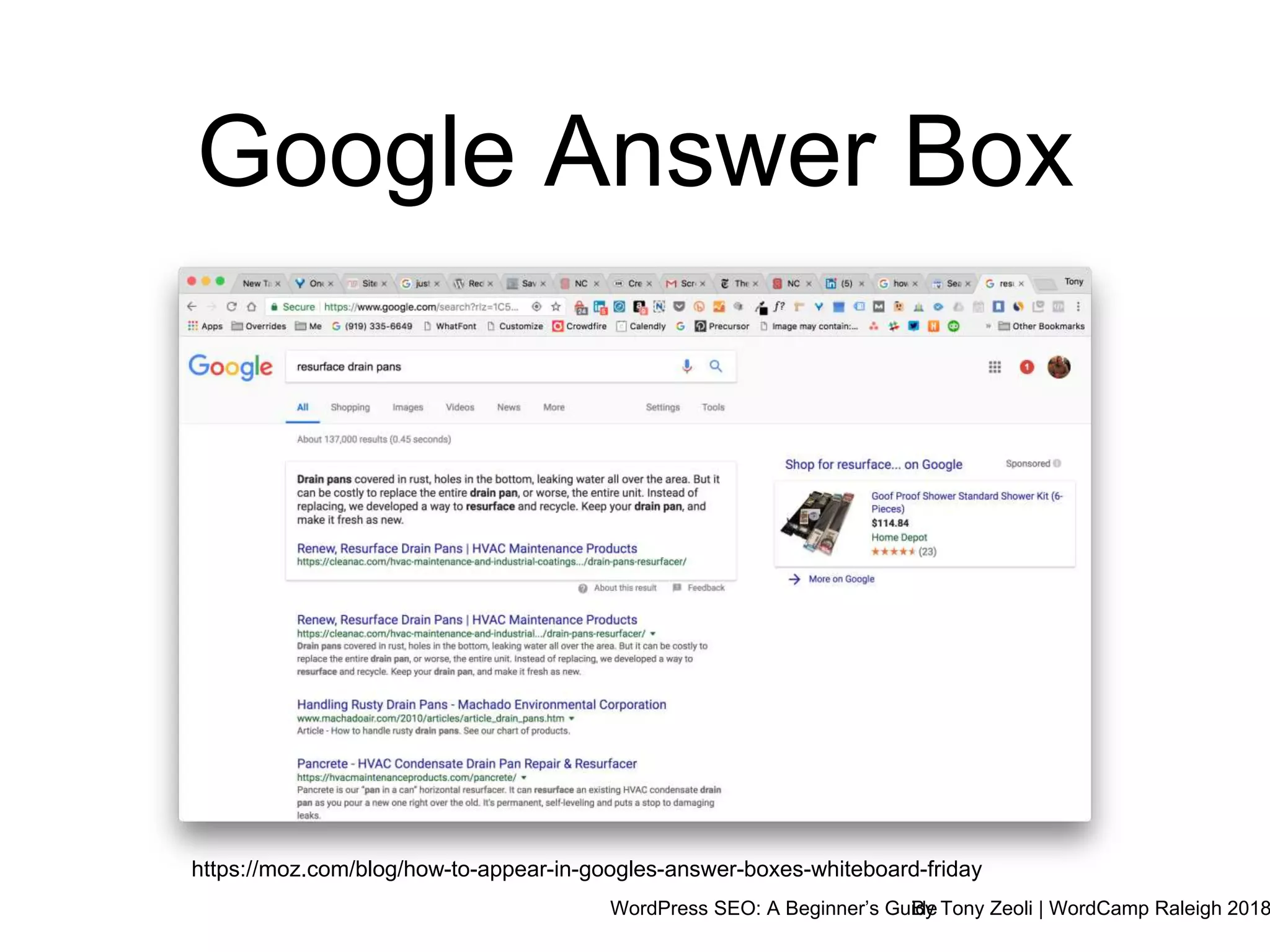 WordPress SEO: A Beginner’s GuideBy Tony Zeoli | WordCamp Raleigh 2018
Google Answer Box
https://moz.com/blog/how-to-appear-in-googles-answer-boxes-whiteboard-friday
 