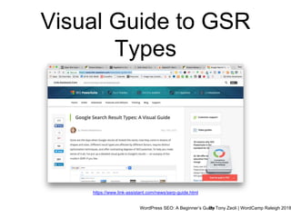 WordPress SEO: A Beginner’s GuideBy Tony Zeoli | WordCamp Raleigh 2018
Visual Guide to GSR
Types
https://www.link-assistant.com/news/serp-guide.html
 