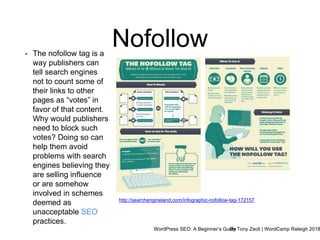 WordPress SEO: A Beginner’s GuideBy Tony Zeoli | WordCamp Raleigh 2018
http://searchengineland.com/infographic-nofollow-tag-172157
• The nofollow tag is a
way publishers can
tell search engines
not to count some of
their links to other
pages as “votes” in
favor of that content.
Why would publishers
need to block such
votes? Doing so can
help them avoid
problems with search
engines believing they
are selling influence
or are somehow
involved in schemes
deemed as
unacceptable SEO
practices.
Nofollow
 