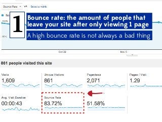 1

Bounce rate: the amount of people that
leave your site after only viewing 1 page
A high bounce rate is not always a bad thing

 