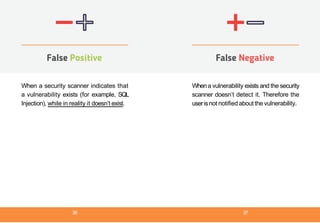 When a security scanner indicates that
a vulnerability exists (for example, SQL
Injection), while in reality it doesn’t exist.
False Positive
Whena vulnerability exists and the security
scanner doesn’t detect it. Therefore the
userisnot notified about the vulnerability.
False Negative
36 37
 