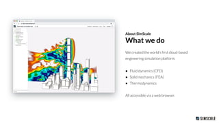 We created the world’s ﬁrst cloud-based
engineering simulation platform.
● Fluid dynamics (CFD)
● Solid mechanics (FEA)
● Thermodynamics
All accessible via a web browser.
About SimScale
What we do
 