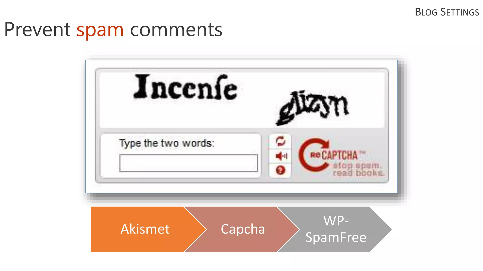 Akismet Capcha
WP-
SpamFree
BLOG SETTINGS
Prevent spam comments
 