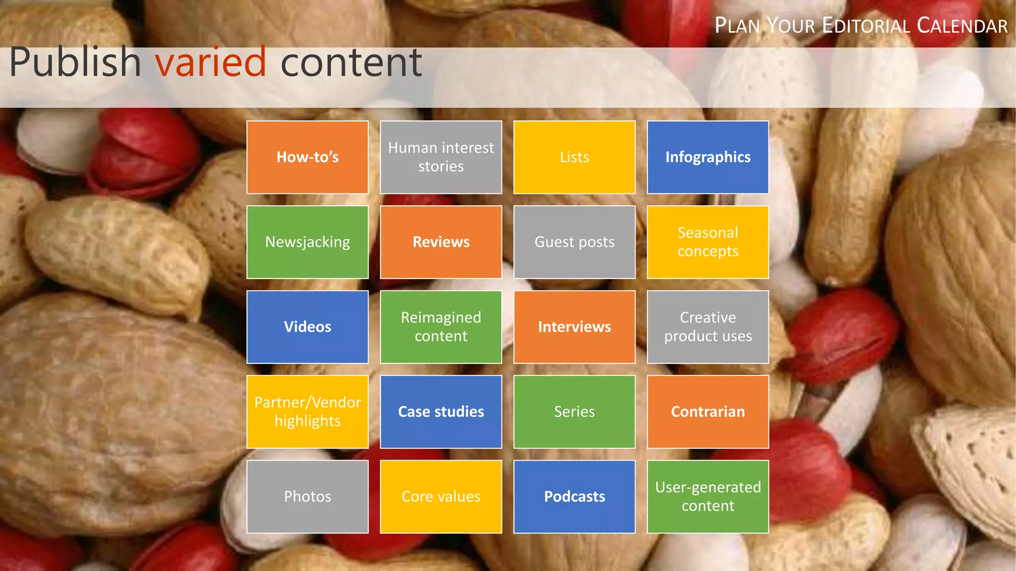Publish varied content
How-to’s
Human interest
stories
Lists Infographics
Newsjacking Reviews Guest posts
Seasonal
concepts
Videos
Reimagined
content
Interviews
Creative
product uses
Partner/Vendor
highlights
Case studies Series Contrarian
Photos Core values Podcasts
User-generated
content
PLAN YOUR EDITORIAL CALENDAR
 