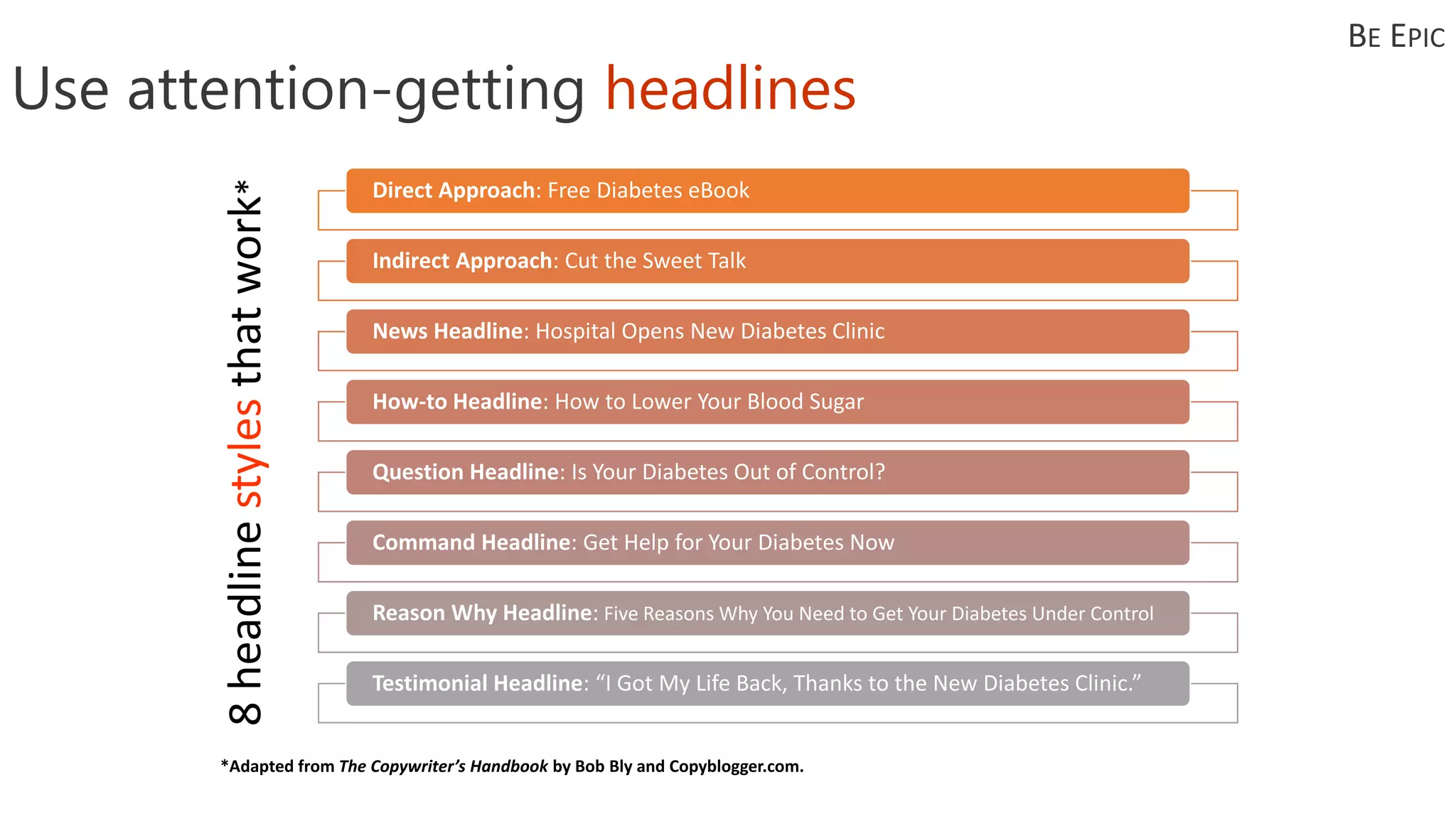 Use attention-getting headlines
8headlinestylesthatwork*
Direct Approach: Free Diabetes eBook
Indirect Approach: Cut the Sweet Talk
News Headline: Hospital Opens New Diabetes Clinic
How-to Headline: How to Lower Your Blood Sugar
Question Headline: Is Your Diabetes Out of Control?
Command Headline: Get Help for Your Diabetes Now
Reason Why Headline: Five Reasons Why You Need to Get Your Diabetes Under Control
Testimonial Headline: “I Got My Life Back, Thanks to the New Diabetes Clinic.”
*Adapted from The Copywriter’s Handbook by Bob Bly and Copyblogger.com.
BE EPIC
 
