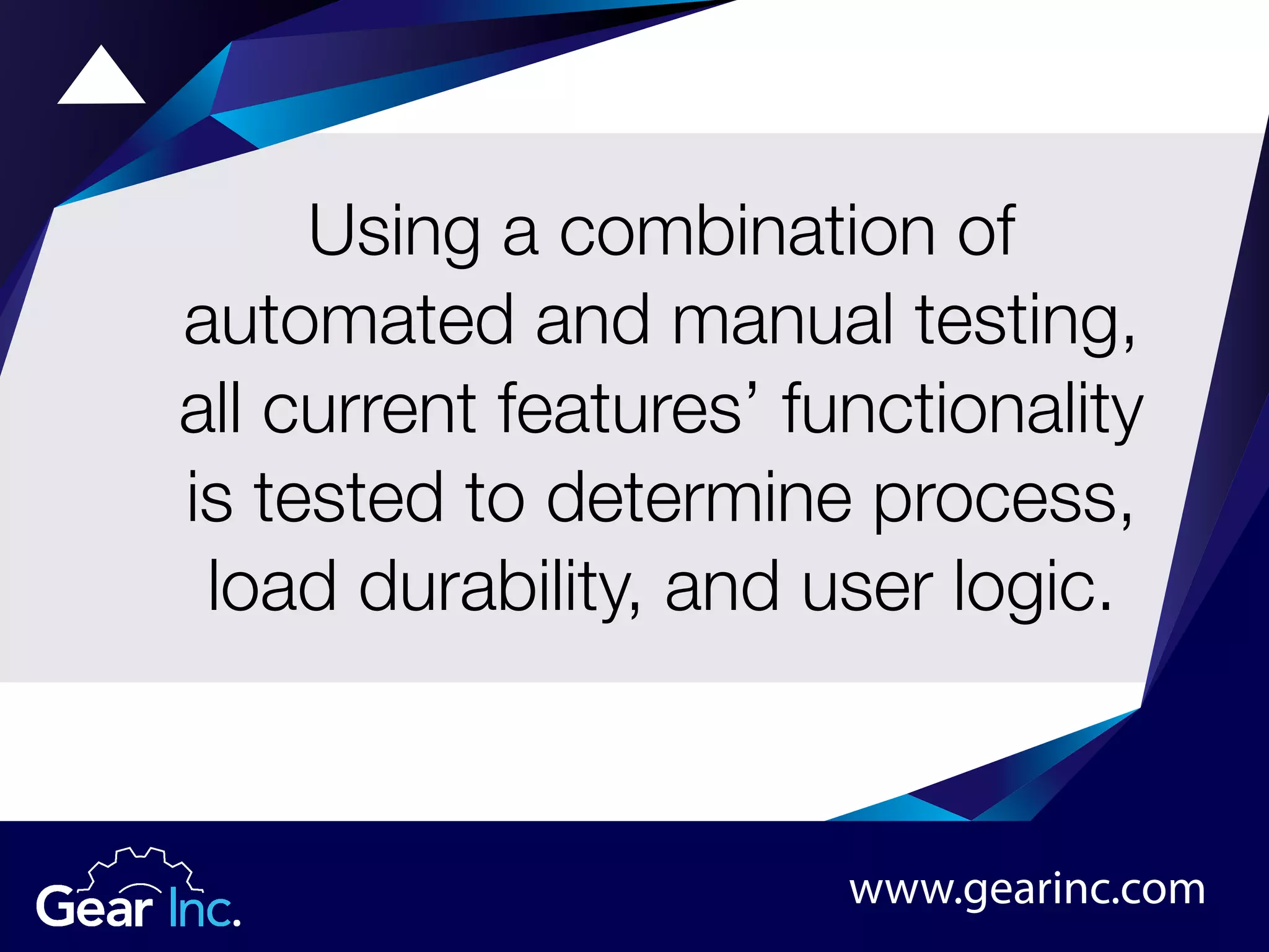 Using a combination of
automated and manual testing,
all current features’ functionality
is tested to determine process,
load durability, and user logic.
www.gearinc.com
 
