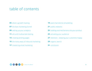 Share this eBook! 3
05	 what is growth hacking
07	 the lean marketing funnel
09	 setting up your analytics
11	 a/b and multivariate testing
13	 creating landing pages
15	 the many ways of inbound marketing
17	 mastering email marketing
19	 paid channels  remarketing
21	 public relations
23	 building viral mechanisms into your product
25	 activating your audience
27	 retention – keeping your customers happy
29	 organic search
31	 conclusion
table of contents
 