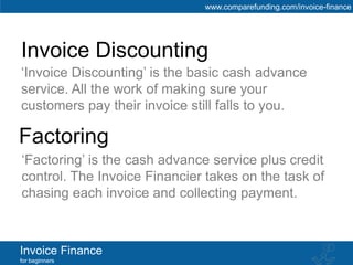 www.comparefunding.com/invoice-finance




Invoice Discounting
‘Invoice Discounting’ is the basic cash advance
service. All the work of making sure your
customers pay their invoice still falls to you.

Factoring
‘Factoring’ is the cash advance service plus credit
control. The Invoice Financier takes on the task of
chasing each invoice and collecting payment.



Invoice Finance
for beginners
 