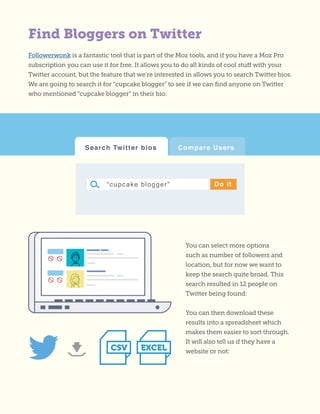 Find Bloggers on Twitter
Followerwonk is a fantastic tool that is part of the Moz tools, and if you have a Moz Pro
subscription you can use it for free. It allows you to do all kinds of cool stuff with your
Twitter account, but the feature that we’re interested in allows you to search Twitter bios.
We are going to search it for “cupcake blogger” to see if we can find anyone on Twitter
who mentioned “cupcake blogger” in their bio:
You can select more options
such as number of followers and
location, but for now we want to
keep the search quite broad. This
search resulted in 12 people on
Twitter being found:
You can then download these
results into a spreadsheet which
makes them easier to sort through.
It will also tell us if they have a
website or not:EXCELCSV
 