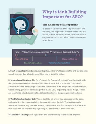 Why is Link Building
Important for SEO?
The Anatomy of a Hyperlink
In order to understand the importance of link
building, it’s important to first understand the
basics of how a link is created, how the search
engines see links, and what they can interpret
from them.
1. Start of link tag: Called an anchor tag (hence the “a”), this opens the link tag and tells
search engines that a link to something else is about to follow.
2. Link referral location: The “href” stands for “hyperlink referral,” and the text inside
the quotation marks indicates the URL to which the link is pointing. This doesn’t
always have to be a web page; it could be the address of an image or a file to download.
Occasionally, you’ll see something other than a URL, beginning with a # sign. These
are local links, which take you to a different section of the page you’re already on.
3. Visible/anchor text of link: This is the little bit of text that users see on the page,
and on which they need to click if they want to open the link. The text is usually
formatted in some way to make it stand out from the text that surrounds it, often with
blue color and/or underlining, signaling to users that it is a clickable link.
4. Closure of link tag: This signals the end of the link tag to the search engines.
 