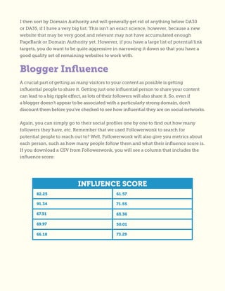 I then sort by Domain Authority and will generally get rid of anything below DA30
or DA35, if I have a very big list. This isn’t an exact science, however, because a new
website that may be very good and relevant may not have accumulated enough
PageRank or Domain Authority yet. However, if you have a large list of potential link
targets, you do want to be quite aggressive in narrowing it down so that you have a
good quality set of remaining websites to work with.
A crucial part of getting as many visitors to your content as possible is getting
influential people to share it. Getting just one influential person to share your content
can lead to a big ripple effect, as lots of their followers will also share it. So, even if
a blogger doesn’t appear to be associated with a particularly strong domain, don’t
discount them before you’ve checked to see how influential they are on social networks.
Again, you can simply go to their social profiles one by one to find out how many
followers they have, etc. Remember that we used Followerwonk to search for
potential people to reach out to? Well, Followerwonk will also give you metrics about
each person, such as how many people follow them and what their influence score is.
If you download a CSV from Followerwonk, you will see a column that includes the
influence score:
Blogger Influence
 