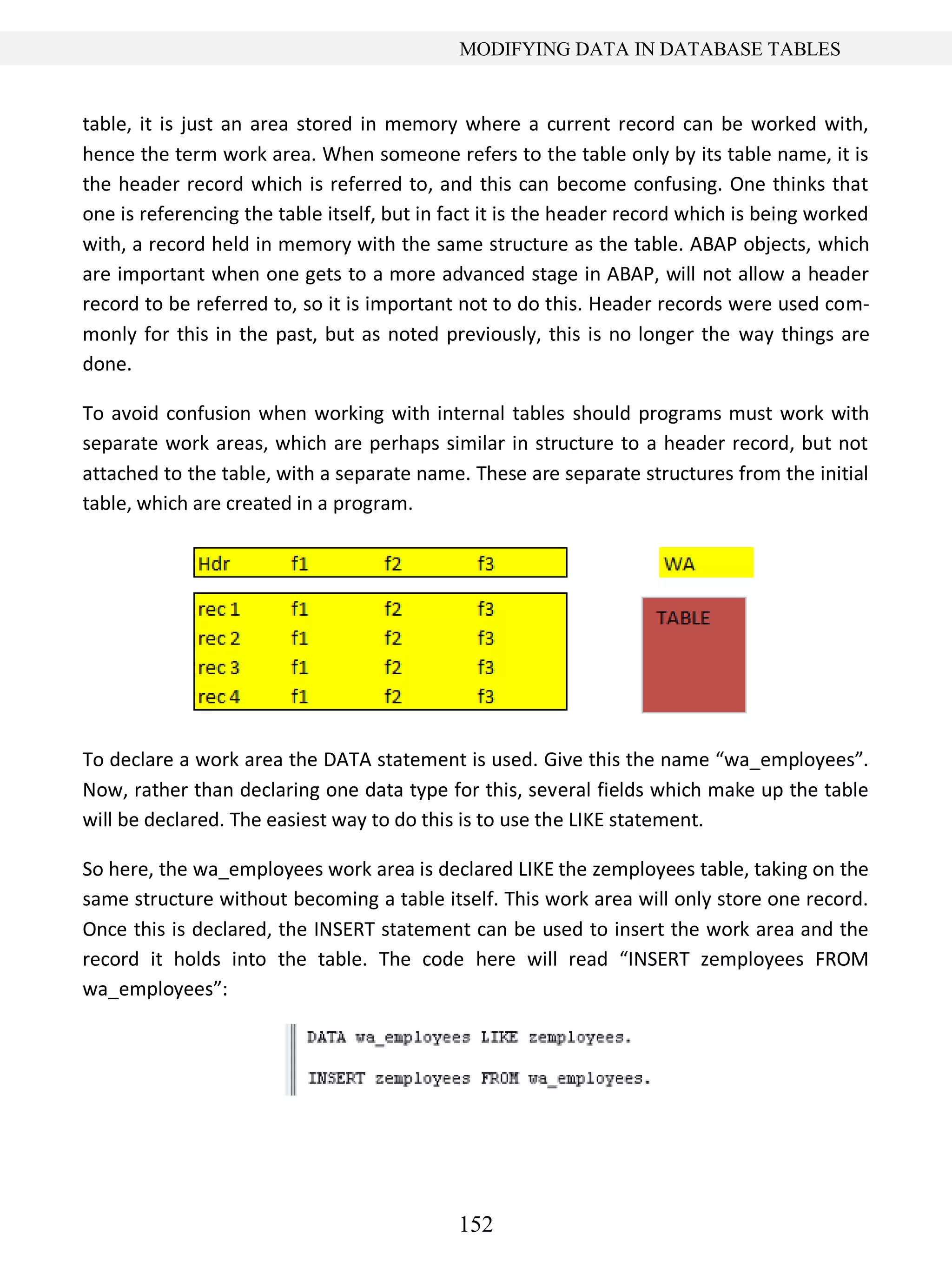 152
MODIFYING DATA IN DATABASE TABLES
table, it is just an area stored in memory where a current record can be worked with,
hence the term work area. When someone refers to the table only by its table name, it is
the header record which is referred to, and this can become confusing. One thinks that
one is referencing the table itself, but in fact it is the header record which is being worked
with, a record held in memory with the same structure as the table. ABAP objects, which
are important when one gets to a more advanced stage in ABAP, will not allow a header
record to be referred to, so it is important not to do this. Header records were used com-
monly for this in the past, but as noted previously, this is no longer the way things are
done.
To avoid confusion when working with internal tables should programs must work with
separate work areas, which are perhaps similar in structure to a header record, but not
attached to the table, with a separate name. These are separate structures from the initial
table, which are created in a program.
To declare a work area the DATA statement is used. Give this the name “wa_employees”.
Now, rather than declaring one data type for this, several fields which make up the table
will be declared. The easiest way to do this is to use the LIKE statement.
So here, the wa_employees work area is declared LIKE the zemployees table, taking on the
same structure without becoming a table itself. This work area will only store one record.
Once this is declared, the INSERT statement can be used to insert the work area and the
record it holds into the table. The code here will read “INSERT zemployees FROM
wa_employees”:
 