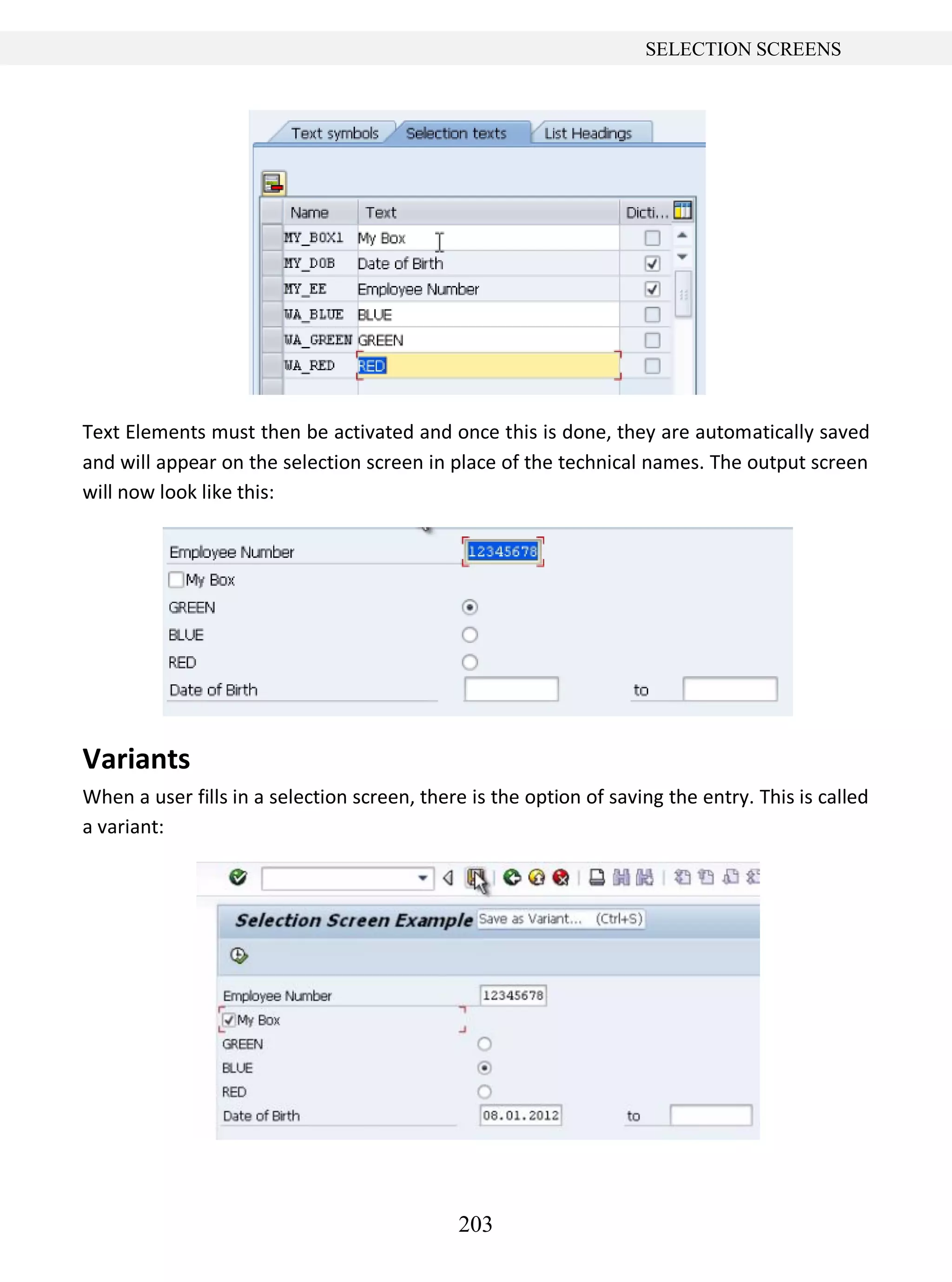 203
SELECTION SCREENS
Text Elements must then be activated and once this is done, they are automatically saved
and will appear on the selection screen in place of the technical names. The output screen
will now look like this:
Variants
When a user fills in a selection screen, there is the option of saving the entry. This is called
a variant:
 