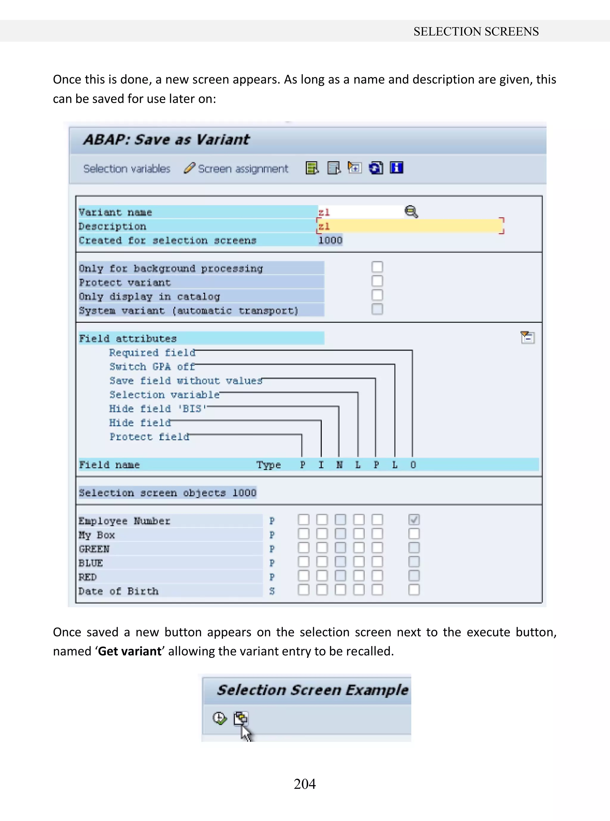 204
SELECTION SCREENS
Once this is done, a new screen appears. As long as a name and description are given, this
can be saved for use later on:
Once saved a new button appears on the selection screen next to the execute button,
named ‘Get variant’ allowing the variant entry to be recalled.
 