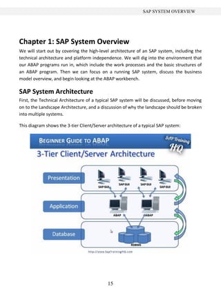 15
SAP SYSTEM OVERVIEW
Chapter 1: SAP System Overview
We will start out by covering the high-level architecture of an SAP system, including the
technical architecture and platform independence. We will dig into the environment that
our ABAP programs run in, which include the work processes and the basic structures of
an ABAP program. Then we can focus on a running SAP system, discuss the business
model overview, and begin looking at the ABAP workbench.
SAP System Architecture
First, the Technical Architecture of a typical SAP system will be discussed, before moving
on to the Landscape Architecture, and a discussion of why the landscape should be broken
into multiple systems.
This diagram shows the 3-tier Client/Server architecture of a typical SAP system:
 